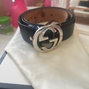Gucci Black Leather Belt with Silver Logo Buckle